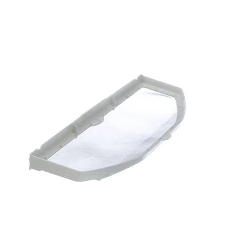 A close-up of the fine mesh screen inside the white plastic frame of the lint filter, shown against a blue surface.