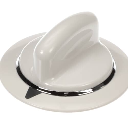A three-quarter angle view of the white dryer knob, showing the smooth, ergonomic handle shape and chrome ring detail.