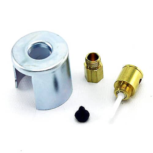 A GE dryer LP conversion kit showing the shiny metallic U-shaped shield, two brass orifices, and a black screw against a light purple background.