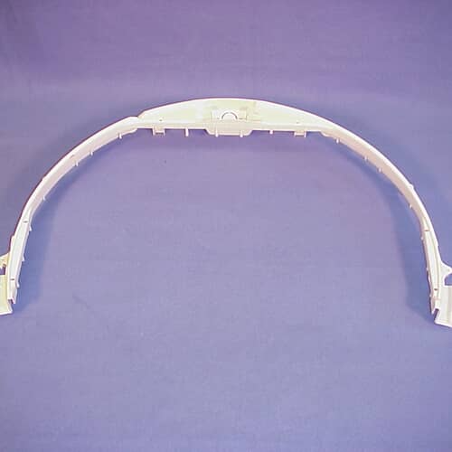 The white plastic dryer support bracket shown on a contrasting lavender/purple background.