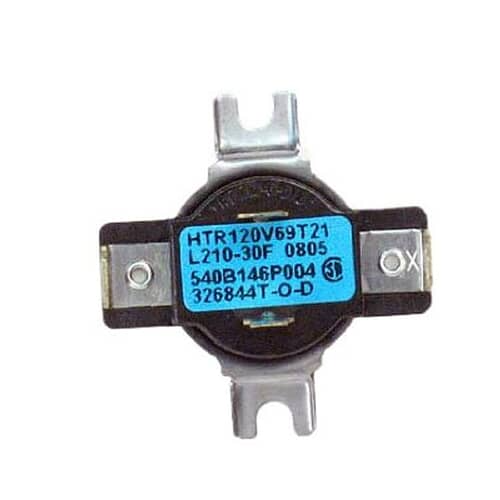 A different view of a similar-style thermostat, possibly an alternate version or companion part, showing a blue label with technical specs.