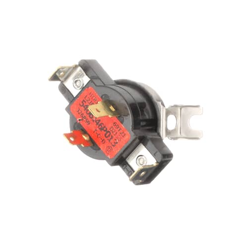 GE WE4M181 control thermostat showing a black housing, two spade terminals, and a red identification sticker against a white background.