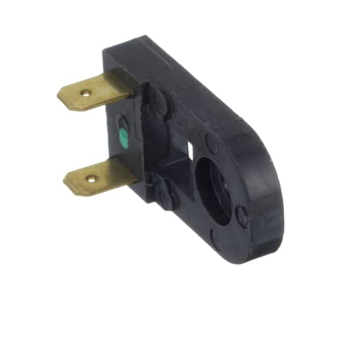 The black electrical component with its metal contact points visible, set against a purple background.