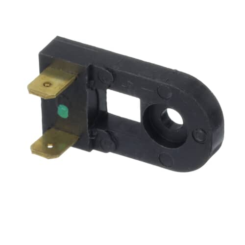 A side view of the black resistor assembly against a white grid, showing the white plastic structure and side terminals.