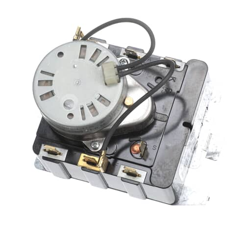 A view of the timer assembly showing the electrical spade terminals on the side and top, against a white background.