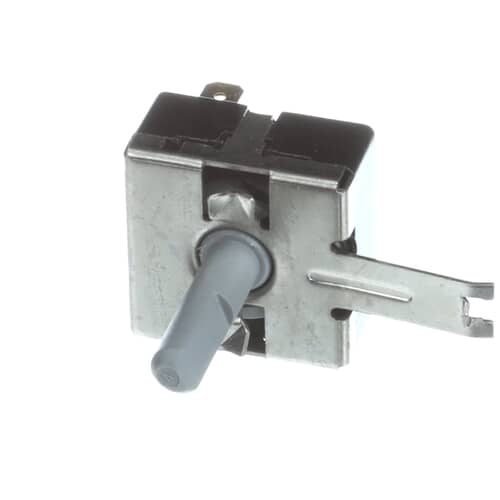 An angled view of the switch assembly showing the metal mounting tabs and the black housing connected to the control shaft.