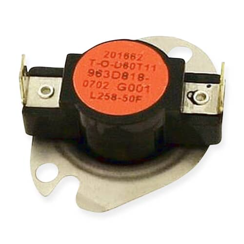 GE dryer thermostat with a red circular label showing part numbers, mounted on a metal bracket over a white grid.