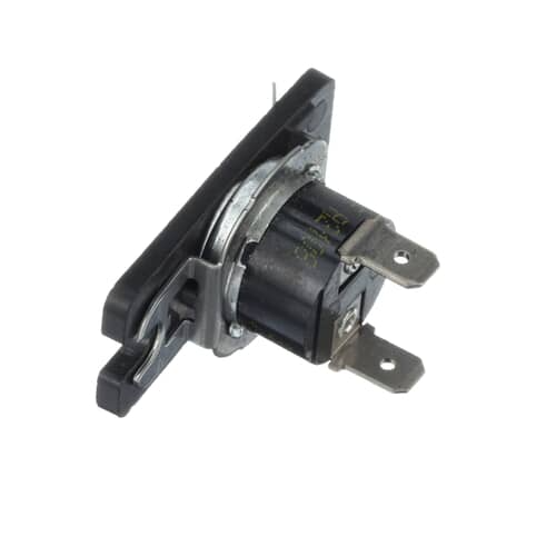 Side profile view of the GE thermostat, clearly illustrating the rectangular mounting tab and the two electrical connection points.