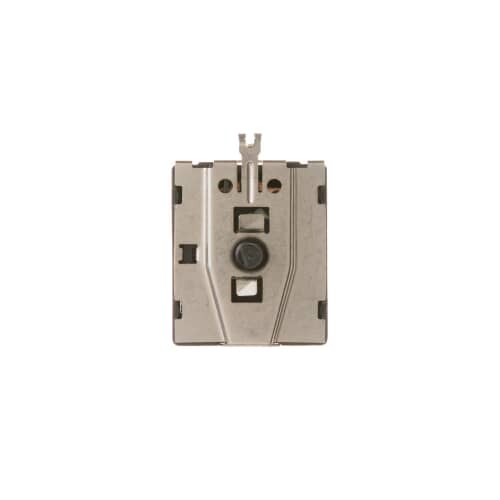 The rear view of the switch mechanism against a white grid, showing the exposed electrical connection area and mounting points.