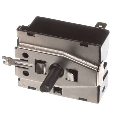 Side view of the rotary switch showing the metal mounting structure and the black control shaft protruding horizontally.