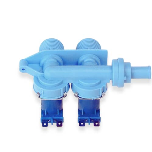 Angled view of the GE WH13X10023 water inlet valve showing the light blue plastic body and two solenoids.