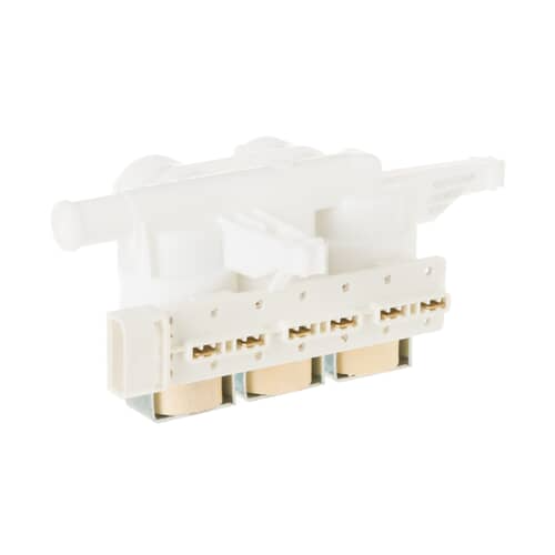 Angled view of the GE WH13X10025 triple coil water valve for washing machine