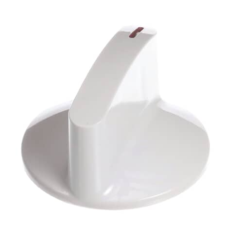 A white circular control knob with a distinct vertical red indicator line, shown at an angle against a blue background.