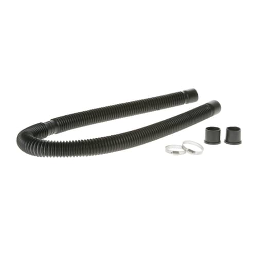 Coiled view of the black corrugated drain hose extension assembly.