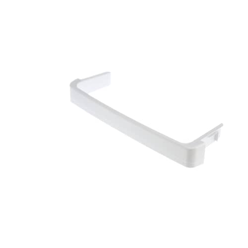 A white plastic freezer shelf rail shown at an angle, highlighting the slightly curved front edge and mounting tabs.