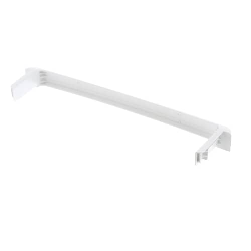 A white plastic shelf rail component for a GE refrigerator door shown at an angle, highlighting the snap-in connectors on the ends.