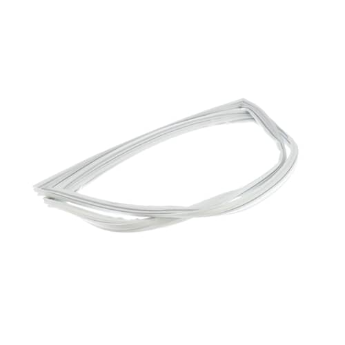 A white refrigerator door gasket folded into an irregular loop shape, set against a white background.