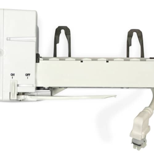 A side view of the white plastic LG ice maker assembly showing the shut-off arm extended and the electrical connector plug, set against a white background.