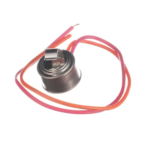 The defrost thermostat shown angled, with two red/orange wires looped around the body, against a white background.