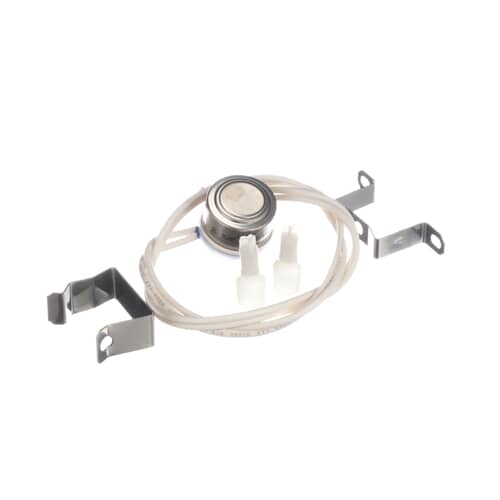 The silver-cased thermostat component shown with the white wires and two small white plastic terminal insulators.