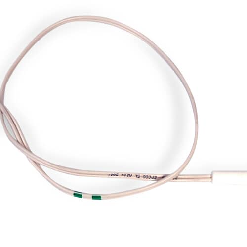 The temperature sensor with the metal probe extending straight out from the black and white housing assembly, against a white background.