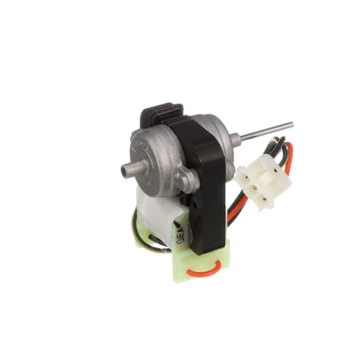 The refrigerator condenser fan motor component isolated on a white background, with the multi-colored wire harness extending out.