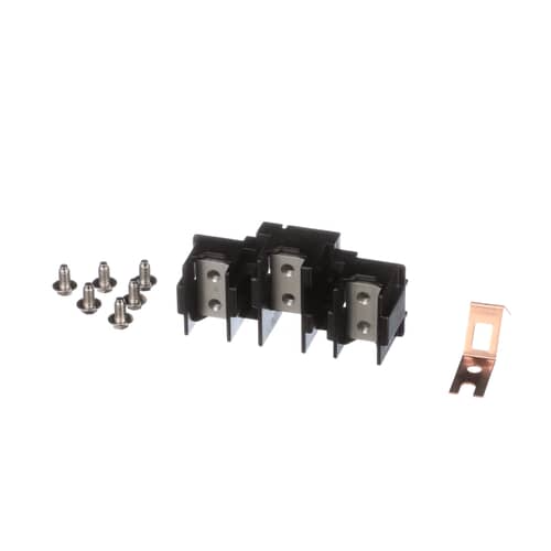 A black electrical terminal block showing three metal connectors, packaged with five screws and a separate small, copper-colored mounting tab.