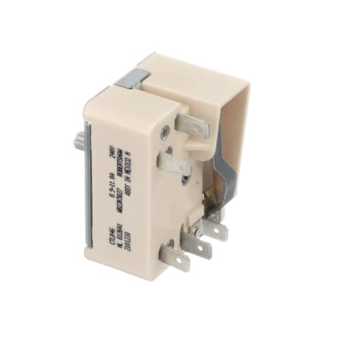 Angled view of the GE WB23K5027 burner control switch, showing the spade terminals for wire connections.