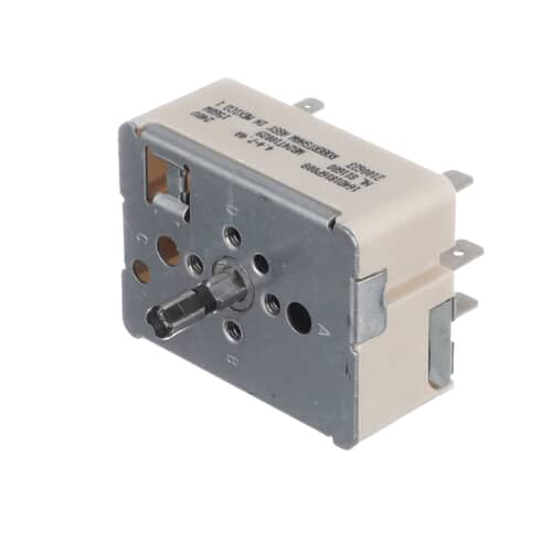 Close-up of the GE WB24T10029 Surface Element Control Switch with visible electrical terminals and metal housing.