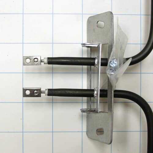 Side view of the GE WB44X200 Range Bake Element showing the coil, connectors, and mounting bracket.