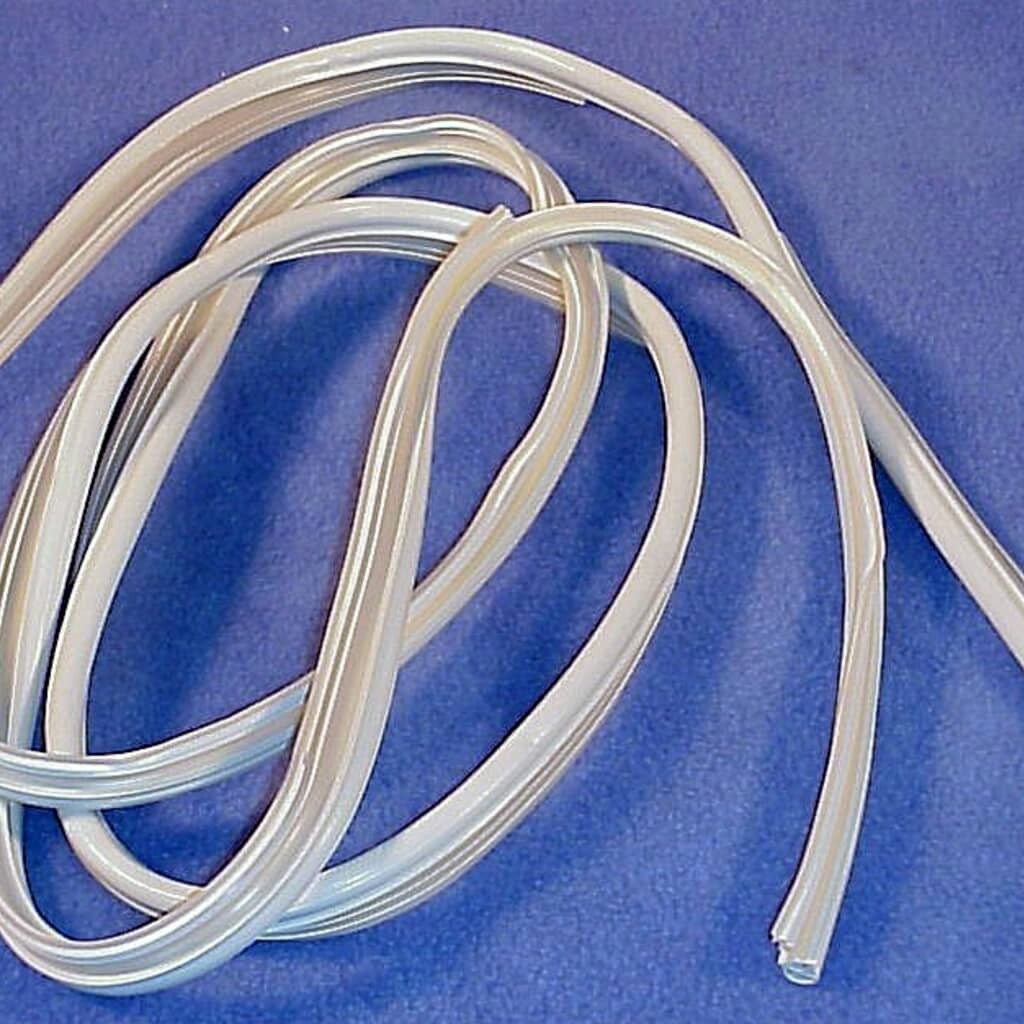 Close-up view of the WD08X10057 gasket, showing the hollow, flexible sealing profile that fits into the dishwasher tub channel.