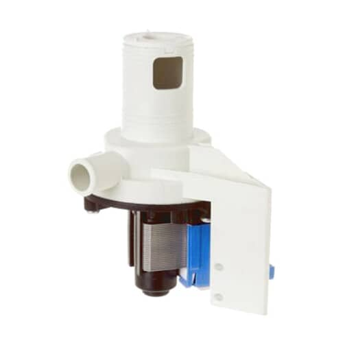GE WD26X10016 OEM dishwasher drain pump assembly featuring durable motor and water outlet housing.