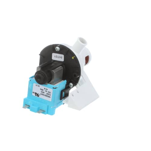 Rear view of GE WD26X10016 drain pump assembly showing motor terminals and drain outlet.