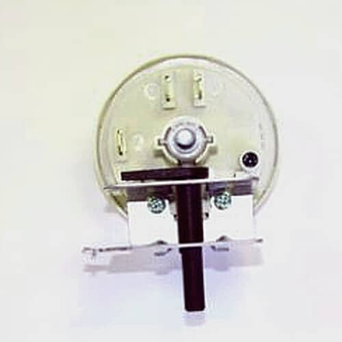 GE WH12X10065 OEM washer pressure switch front view showing electrical connectors and mounting bracket.