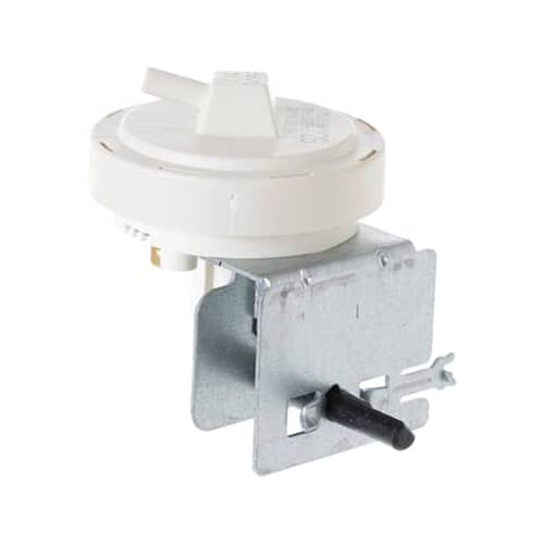 Side angle of GE WH12X10065 pressure switch with metal mounting bracket and air hose port.