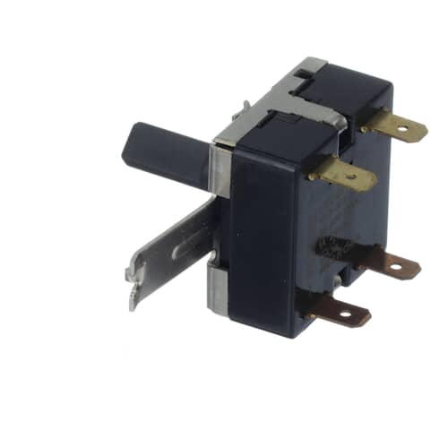 Side view of GE WH12X10498 rotary switch showing connection terminals and mounting bracket.