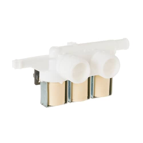 GE WH13X10027 OEM triple water valve assembly for washers, regulates hot and cold water flow efficiently.