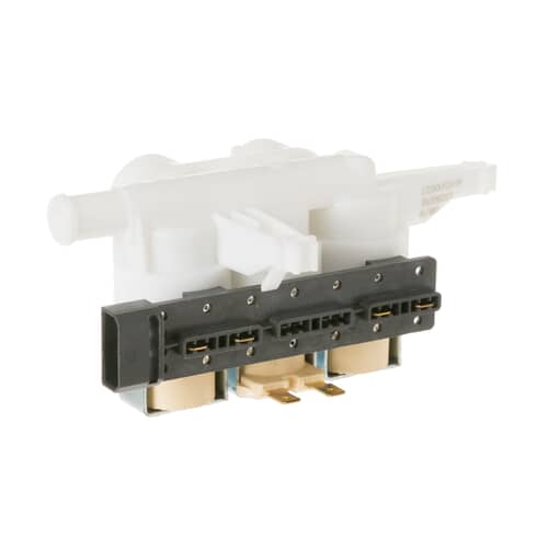 Genuine GE WH13X10027 washer water valve showing triple solenoid connectors and precision-fit design.