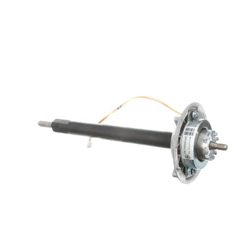 Side view of GE WH38X10017 washer shaft and mode shifter assembly with wiring harness and mounting flange.