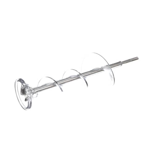 Side view of GE WR17X11705 OEM refrigerator ice auger displaying transparent spiral and metal rod design.