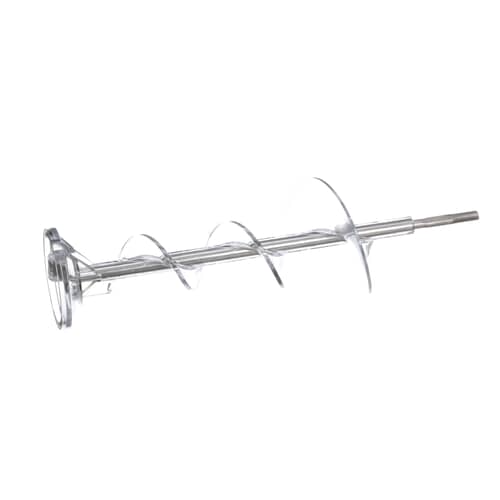 Horizontal view of GE WR17X11705 refrigerator ice auger assembly used to push ice through dispenser chute.