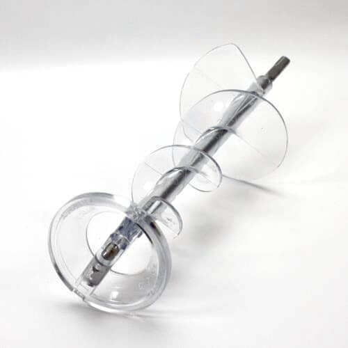 Angled view of GE WR17X11705 refrigerator ice auger assembly showing clear plastic spiral blades and metal shaft.