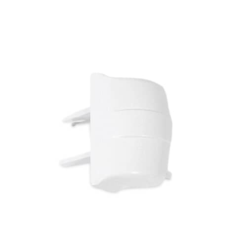GE WR2X9144 OEM refrigerator shelf front cap in white, designed to protect and secure the front edge of the shelf.