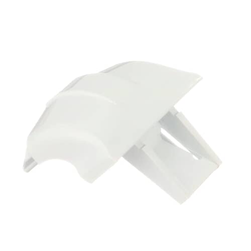 Side view of GE WR2X9144 refrigerator shelf edge cap in white durable plastic construction.