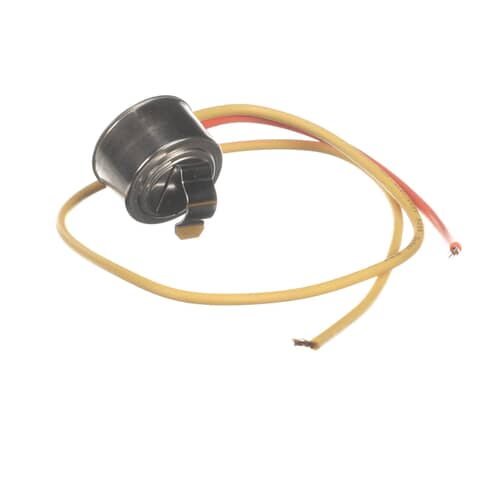 Angled view of GE WR50X10025 OEM refrigerator defrost thermostat showing metal clip and pre-attached wires.