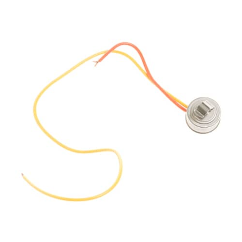 Top view of GE WR50X10025 refrigerator defrost thermostat with yellow and red wires attached to metal sensor housing.