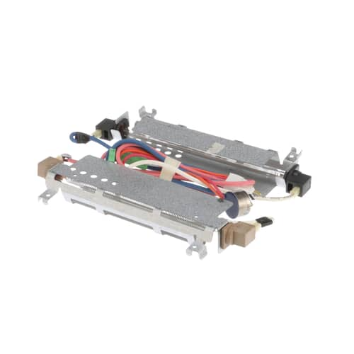 Angled view of GE WR51X442 OEM defrost heater assembly showing metal heating elements and attached harness wires.