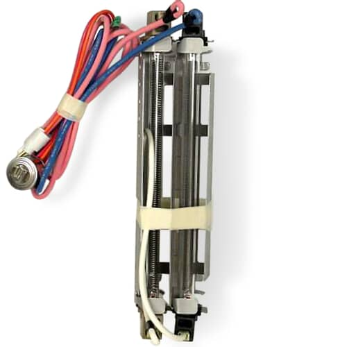 Front view of GE WR51X442 refrigerator defrost heater and harness assembly with heating element and color-coded wiring.