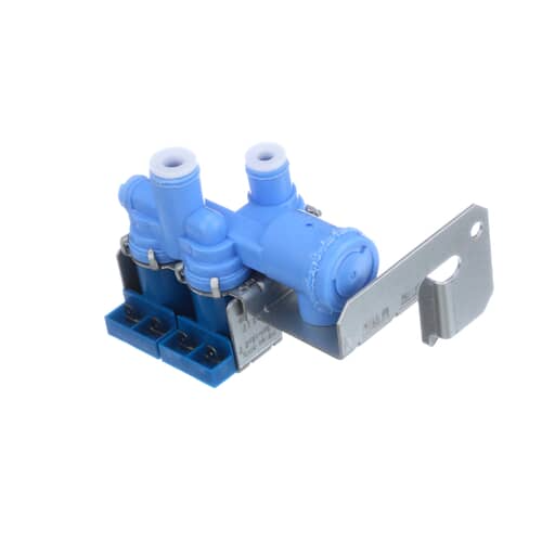 Side view of GE WR57X10070 OEM dual water inlet valve showing two water ports and electrical connectors.