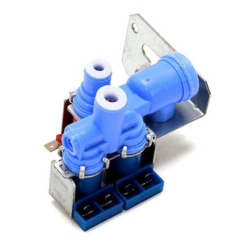 Front view of GE WR57X10070 dual water inlet valve with blue plastic fittings and mounting bracket for refrigerator models.